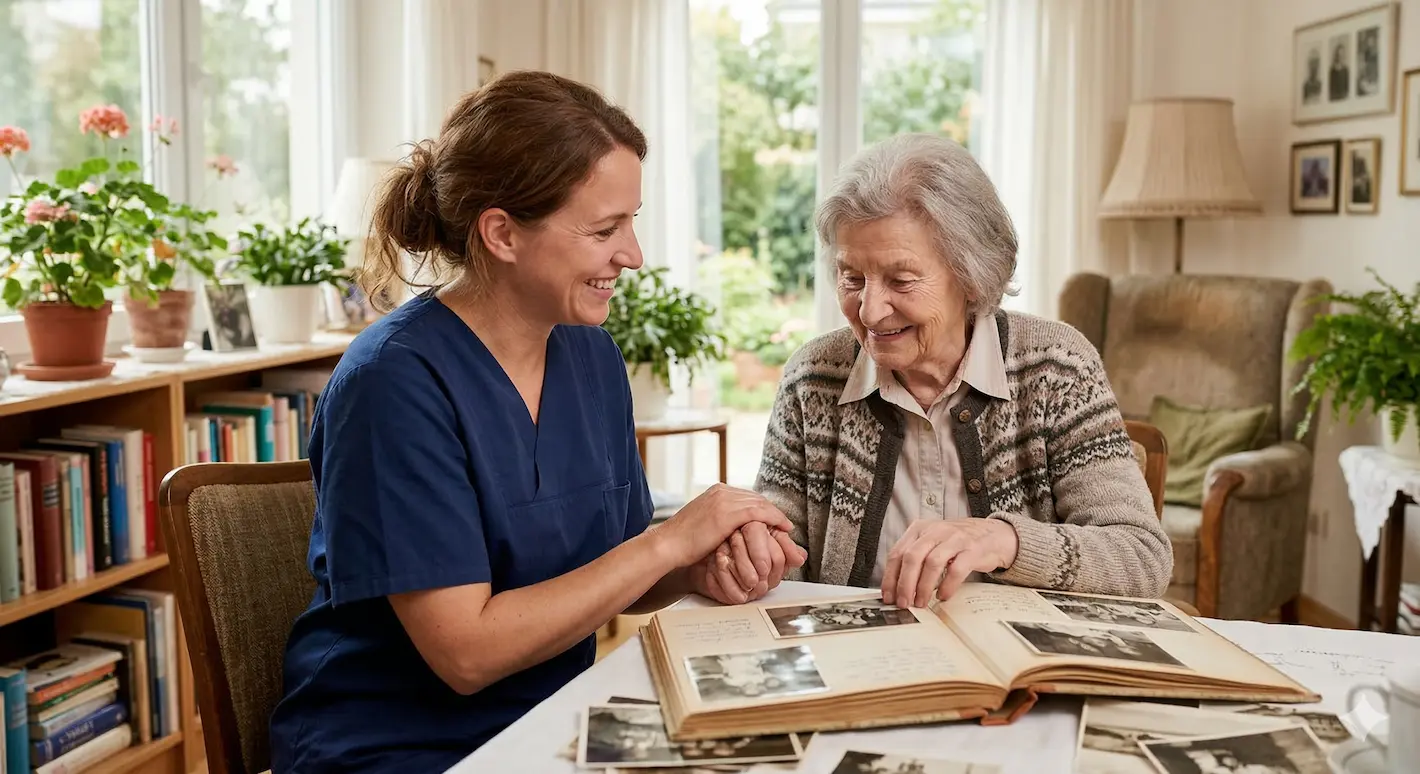 Employee showing picture book to a Patient