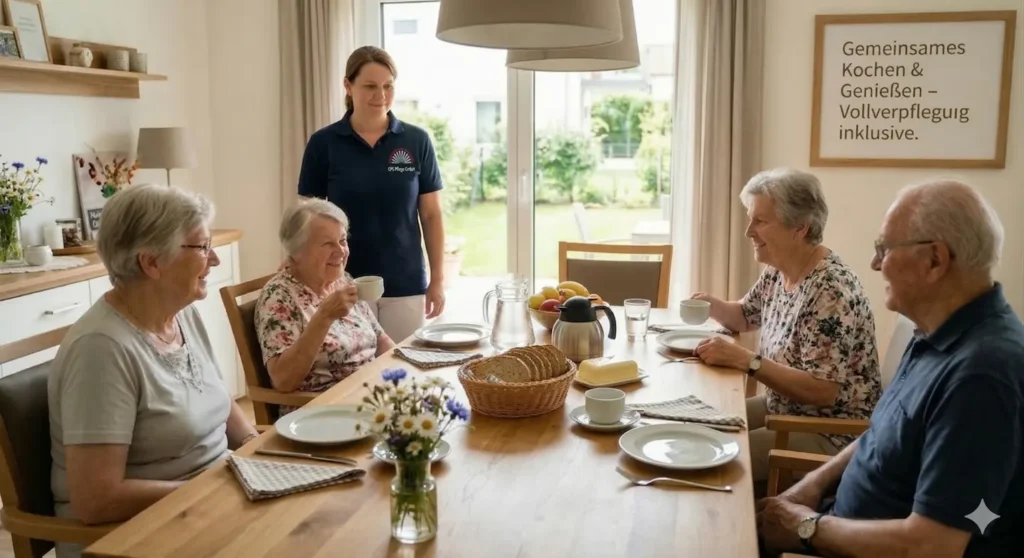 Patients getting ready to eat lunch and talking to Nurses Aid